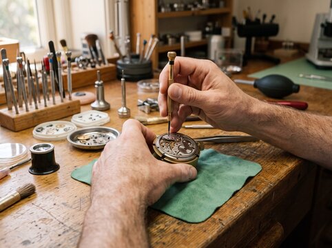 Watchmaker repairing vintage mechanical movement with precision tools at workbench