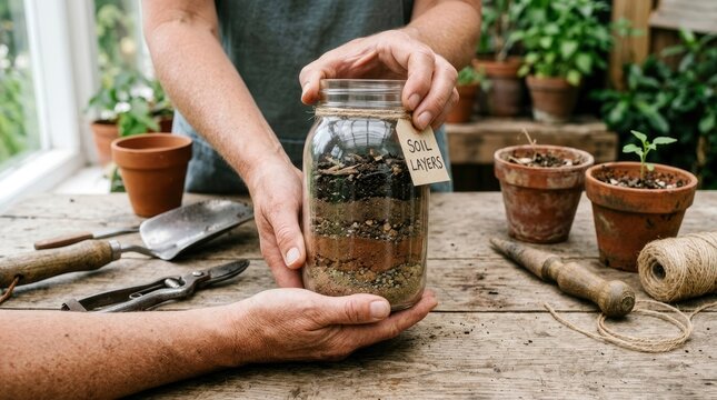 Close-up of hands holding a glass jar demonstrating various soil layers for educational gardening in a rustic greenhouse
