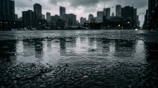 Close-up of raindrops hitting a puddle on a city street with a blurred skyscraper skyline background under a moody sky