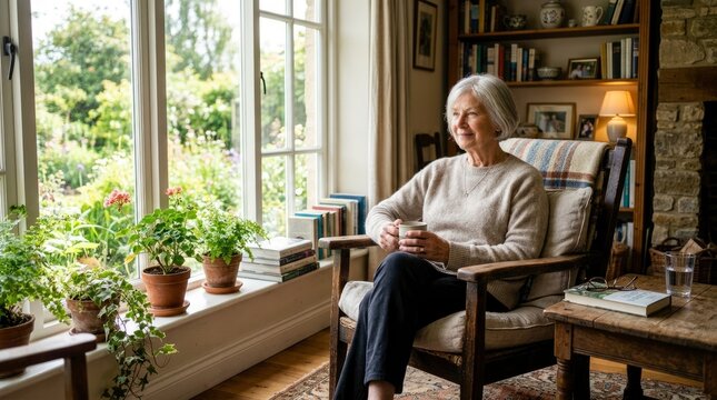 Peaceful senior woman relaxing in a cozy living room, looking out the window onto a lush garden with a cup of tea
