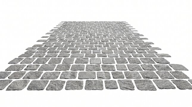 Grey stone paving blocks forming a receding perspective path isolated on white background