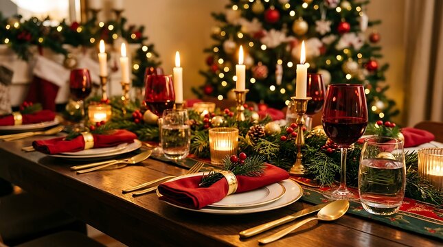 Elegant christmas dinner table with candles and wine