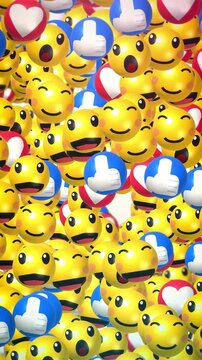 Dynamic falling 3D emojis including smiles and hearts filling the screen. Engaging loopable background for vibrant social media campaigns and digital marketing advertisements.