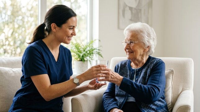 Compassionate Female Caregiver Giving a Glass of Water to a Happy Elderly Woman at Home