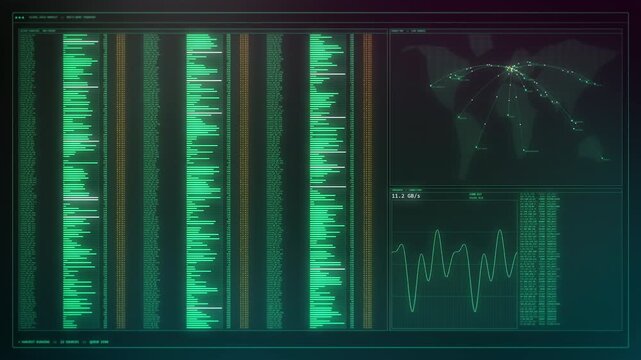 Worldwide data harvesting dashboard displaying global network connections and downloading streams. Excellent for visualizing cyber intelligence in global business documentaries.