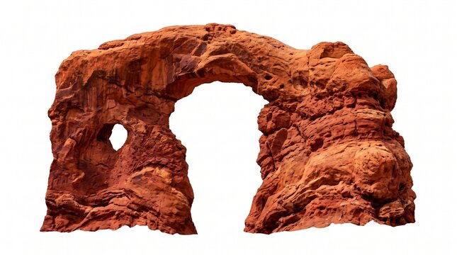 Striking red rock arch formation with a wide, elegant opening, isolated on a pristine white background, highlighting natural geological artistry and desert beauty.