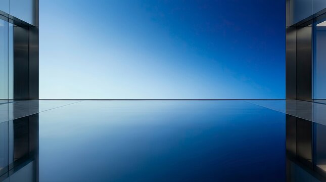 Modern Minimalist Architectural Interior with Reflective Blue Floor and Clear Sky Background