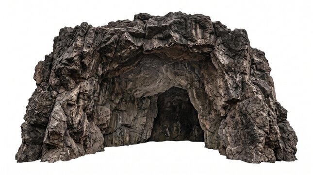 Rugged rocky cave entrance with a deep, inviting opening, perfectly isolated on a bright white background for design projects.