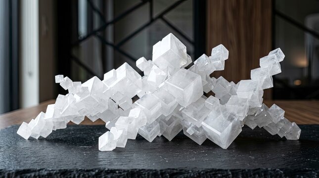 Cluster of Translucent Cubic Salt Crystals on a Dark Textured Surface in a Modern Interior