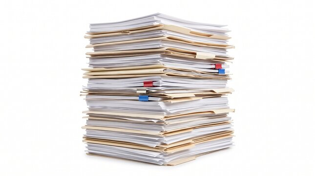 A towering, disorganized stack of office documents, papers, and manila folders with colorful clips, symbolizing heavy workload and administrative tasks, isolated on a clean white background.