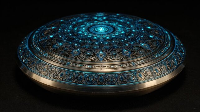 Intricate metal disc with glowing patterns