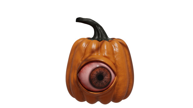 Creepy cyclops Halloween pumpkin with giant eyeball and black stem on transparent background with alpha channel for horror concept and seasonal decoration