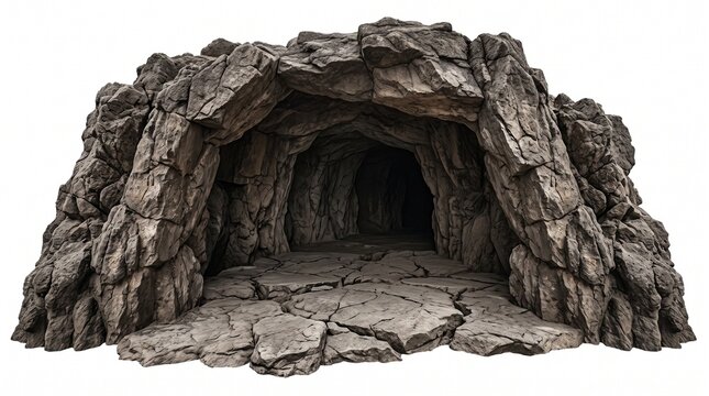 Structured stone cave opening featuring a dark interior and cracked ground, isolated on a clean white background, ideal for architectural or fantasy designs.