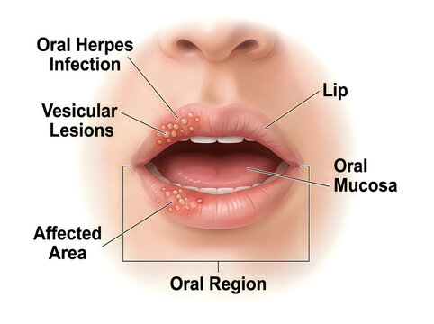 Oral Herpes Simplex Virus Infection on Human Lips Medical Illustration with Vesicular Lesions Diagram Isolated