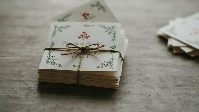 Stack of vintage style greeting cards tied with twine on a rustic wooden table surface.