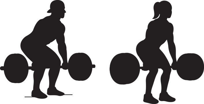 Male and female athletes performing barbell deadlifts silhouette set, gym fitness weightlifting vector