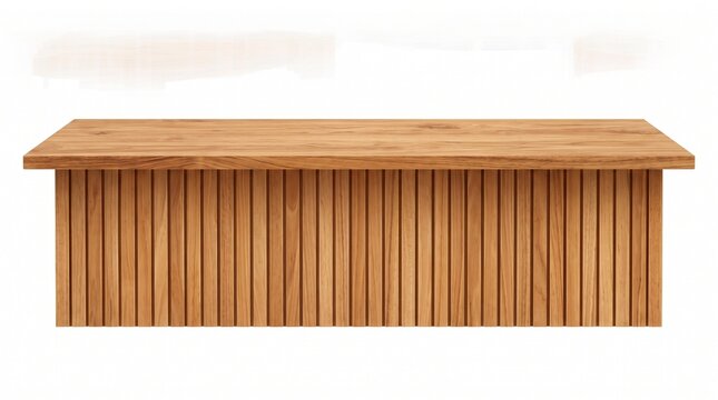 Modern wooden counter or bar table featuring a sleek flat top and stylish vertical slatted front, crafted from light-colored timber, isolated on white.