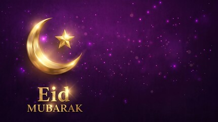 Naklejka premium Golden crescent moon and star on purple background for Eid Mubarak festive greeting card