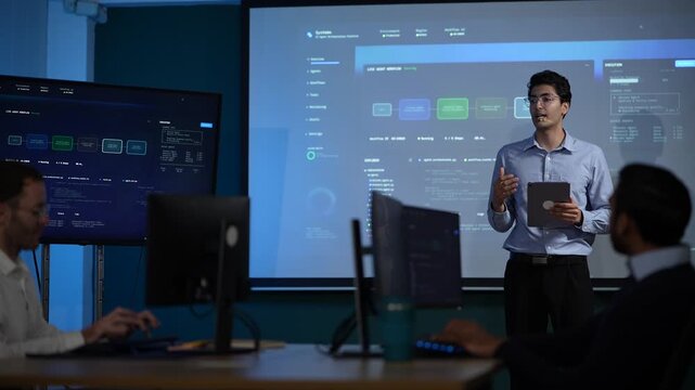 A speaker taking questions from the desks turns toward a raised hand while the projected workflow keeps running behind him inside a dimly lit machine learning startup office.