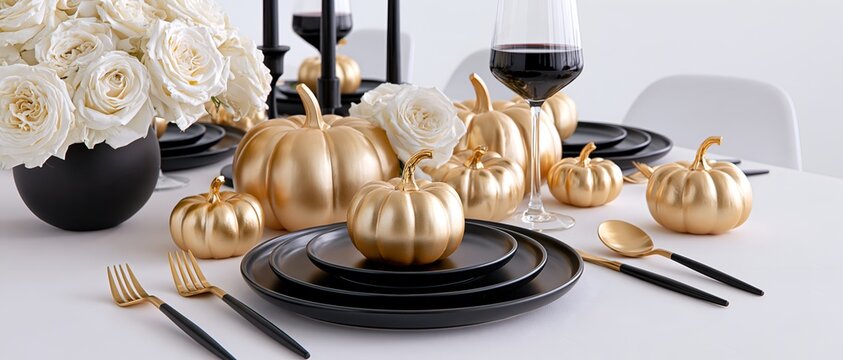 Black and gold Halloween-themed table setting with white roses and pumpkins