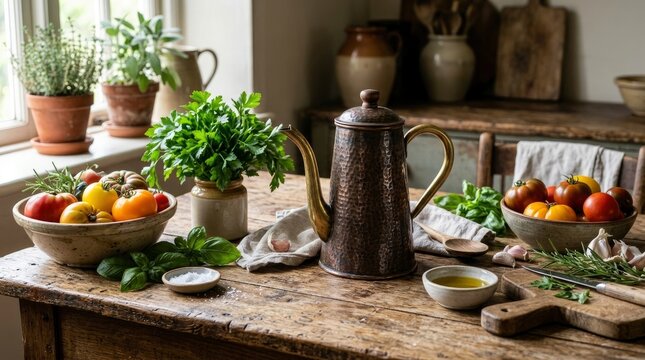 Rustic Kitchen Still Life with Copper Pitcher, Heirloom Tomatoes, and Fresh Herbs on a Wooden Table