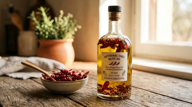 Artisanal Chili Infused Olive Oil in a Glass Bottle on a Rustic Wooden Table with Dried Red Peppers