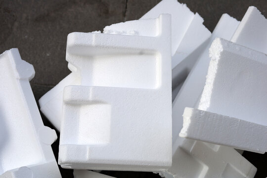 Close-up of broken white styrofoam block pieces