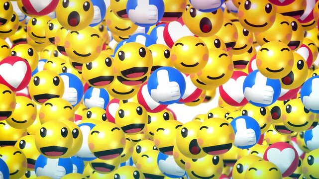Cheerful 3D emoticons and social media reaction icons tumbling in a seamless loop. Highly effective background for digital marketing presentations and online community promos.