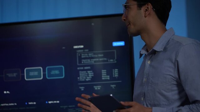 A young engineer in a light blue shirt holds a tablet at his hip and builds an argument with his free hand as he talks inside a dimly lit machine learning startup office.