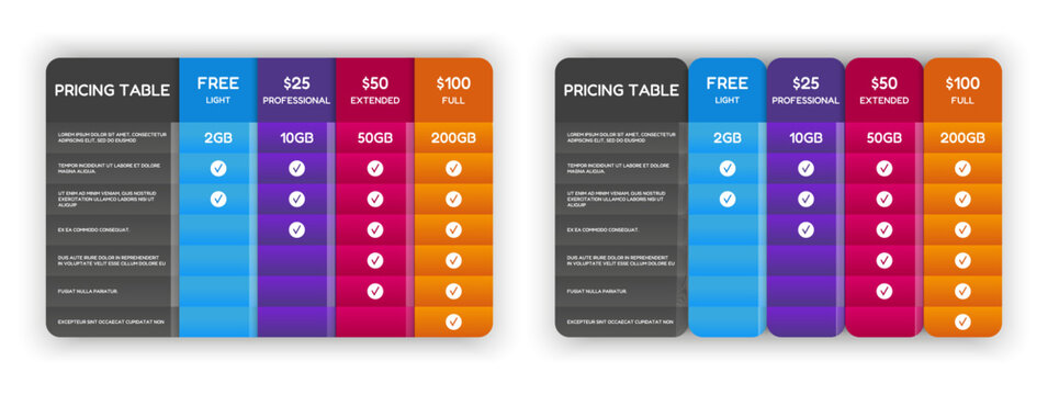Modern colorful pricing tables with free and paid subscription plans, storage options, checkmarks and comparison columns for websites and digital services
