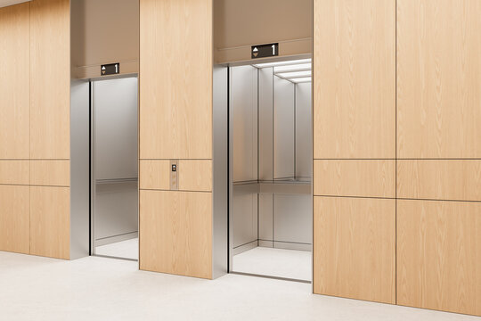 Modern wood-paneled elevator lobby interior with open lifts, reflective cabins, and clean contemporary architectural design details. 3D Rendering
