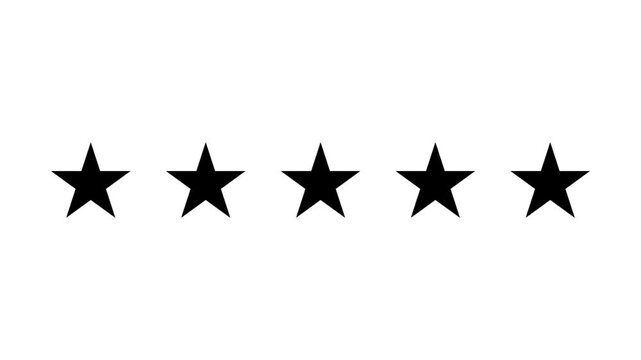 Black and white five star rating animation showing stars appearing and changing into a five-star review, symbolizing customer feedback, rating, review, quality, and satisfaction.