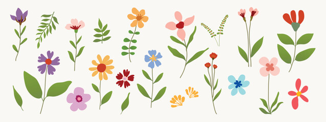 Fototapeta na wymiar Colorful floral elements vector set. Hand drawn spring flowers, leaves and botanical decorations in playful flat design for cards, posters and invitations