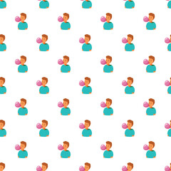 Fototapeta premium Youthful character blowing a pink bubble gum repeating on a white background