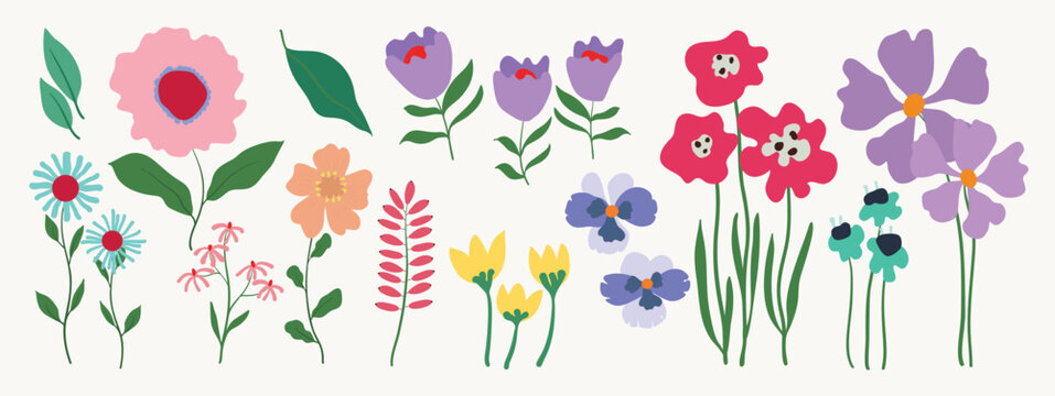 Colorful floral elements vector set. Hand drawn spring flowers, leaves and botanical decorations in playful flat design for cards, posters and invitations