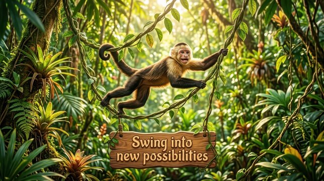 Capuchin Monkey Swinging on Vines in a Lush Tropical Rainforest with Inspirational Signage