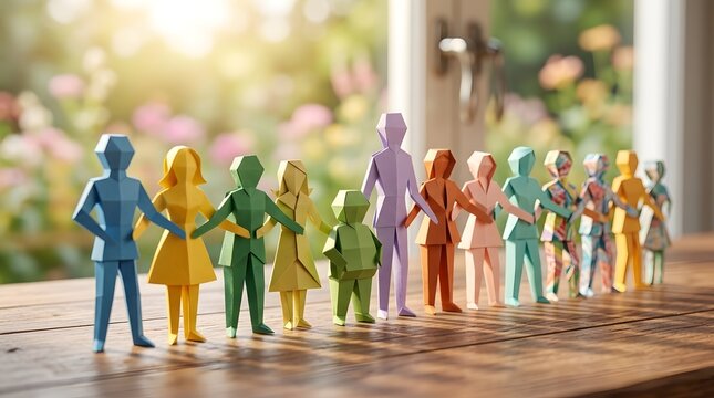 Origami Paper People Holding Hands in a Line