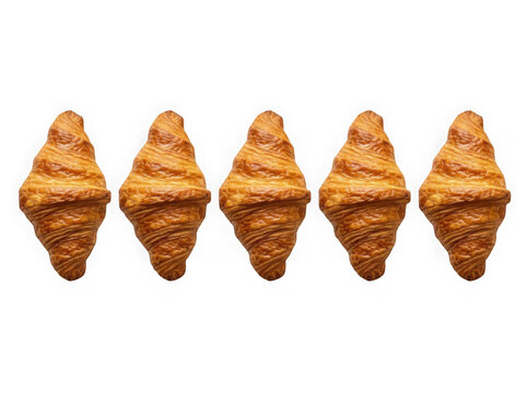 Five fresh golden croissants arranged in a row isolated on transparent background