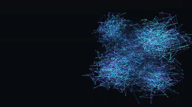 Blue data network nodes organize into clusters and layered rings
