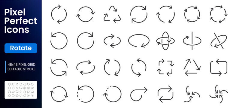 Rotate line icon set. Circular arrows, refresh, reload, sync, loop, spin, axis rotation, reverse cycle symbols minimal vector illustration. Simple outline signs. 48x48 Pixel Perfect. Editable Stroke.