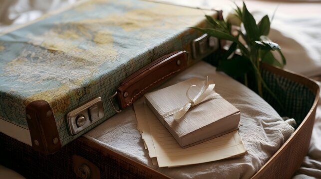 Vintage suitcase with map pattern  containing a wrapped book  lined paper  and fresh greenery  arranged for travel or memory