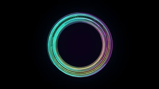 Glowing Neon Circular Ring Animation with Rotating Colorful Light Trails on Dark Black Background