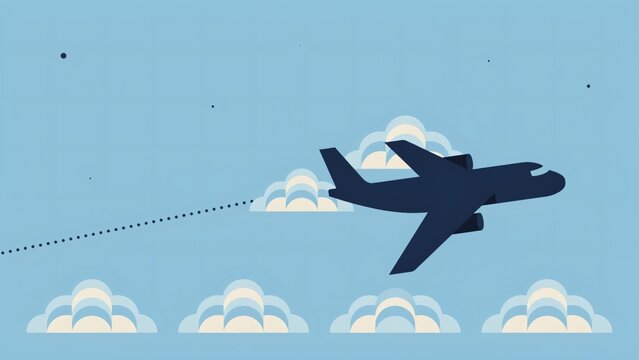 A dark blue airplane flying through the sky above stylized clouds in a flat vector illustration with airplane silhouette flies dotted lines stylized