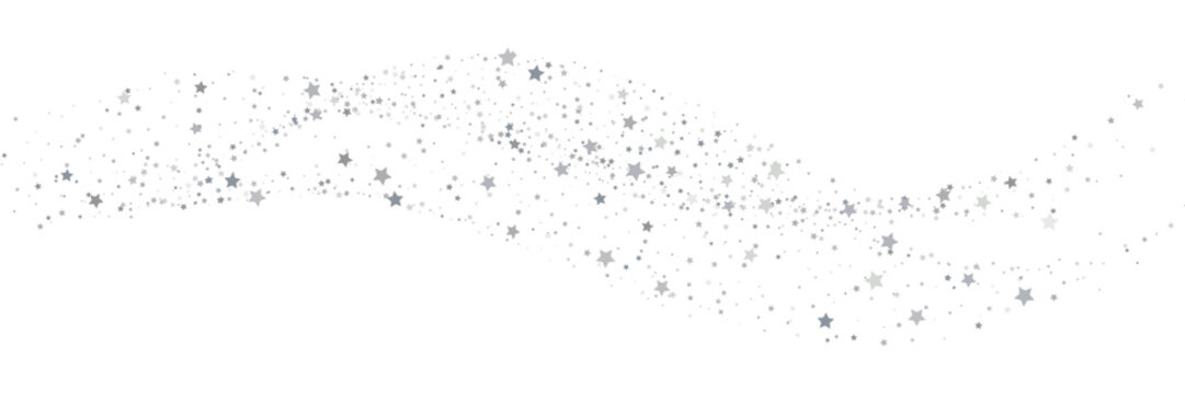 Curved wave of silver stars on white background. Falling stardust confetti illustration. Holiday banner template