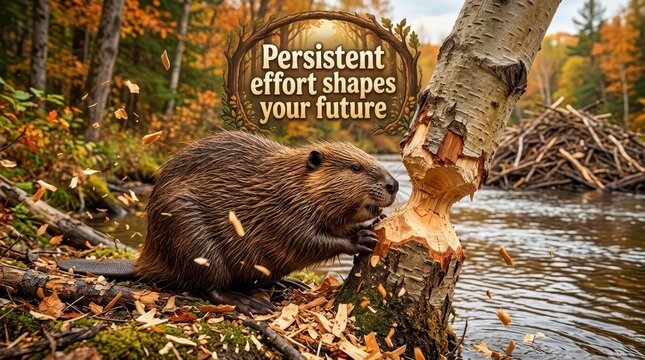 Beaver Gnawing Tree Trunk with Inspirational Quote Persistent Effort Shapes Your Future Concept