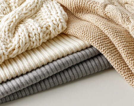 Layered knitted wool textures in pale beige and gray on soft surface