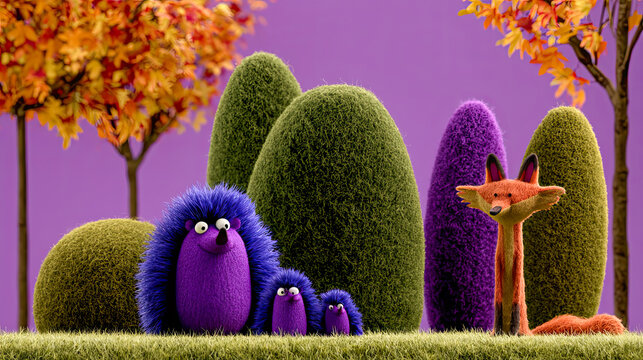 Verspielte Waldtiere in einer farbenfrohen, herbstlichen Fantasiewelt mit weicher Woll- und Filzoptik zwischen bunten B&auml;umen, Bl&auml;ttern und fantasievollen Landschaften in kr&auml;ftigen Violett und Orange