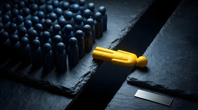 One yellow figure falls into a gap separated from blue figures
