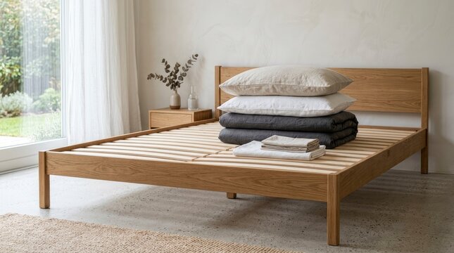 Minimalist wooden bed frame with stacked linen pillows and blankets in a bright modern bedroom interior with garden view