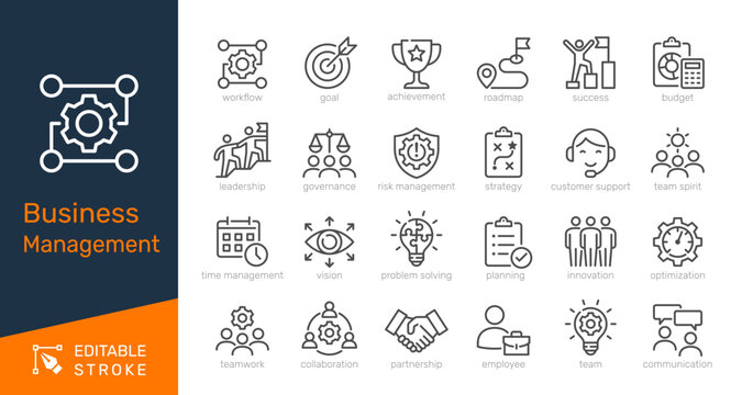 Business management thin line icon collection for corporate leadership, strategic planning, and workflow organization concept. Editable stroke. Pixel perfect.